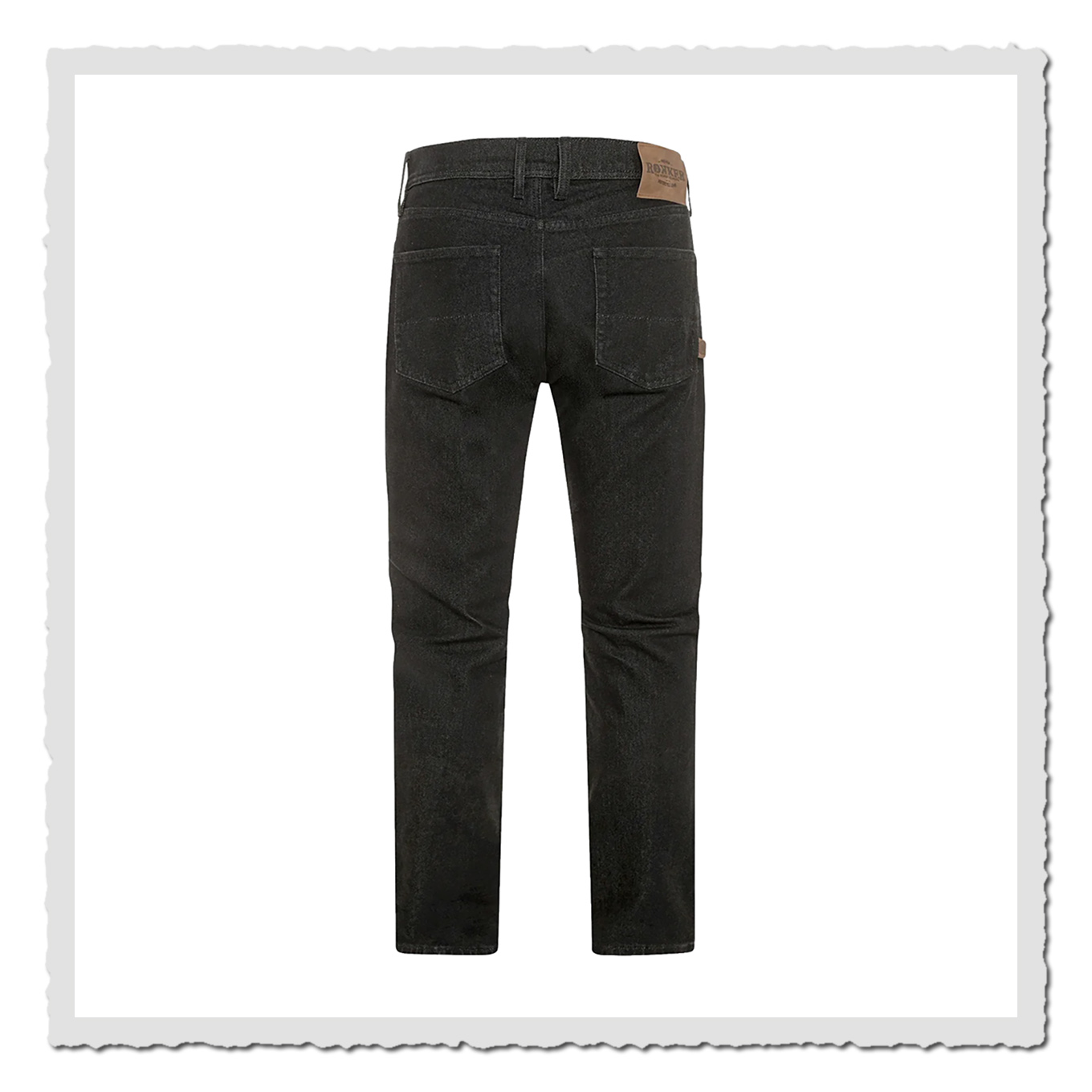 Schwarze Herrenjeans in gerader Rückansicht mit zwei Gesäßtaschen und braunem Etikett am Bund.